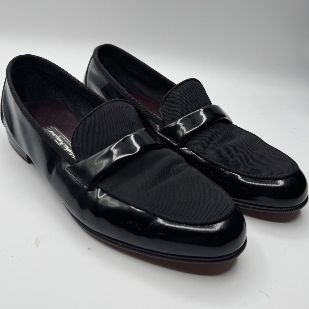 Salvatore Ferragamo Mens 10.5 Black Patent Leather Grosgrain Formal Loafers